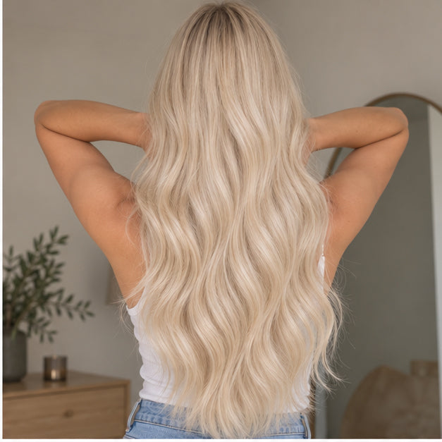 Back view of Platinum Blonde #60 hair, showing the length and fullness of loose waves.
