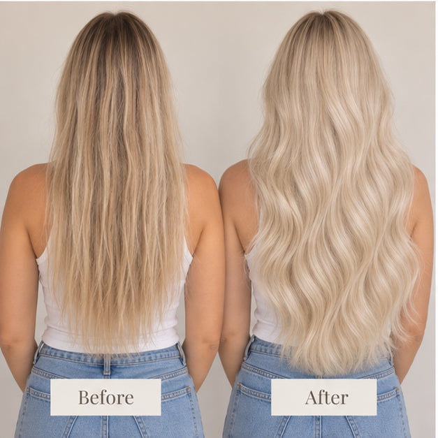 Side-by-side back views illustrating Platinum Blonde #60 hair with less volume and fuller, longer waves.