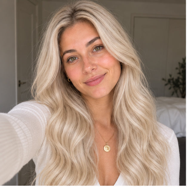 Indoor model portrait showing Platinum Blonde #60 hair styled in long, loose waves.