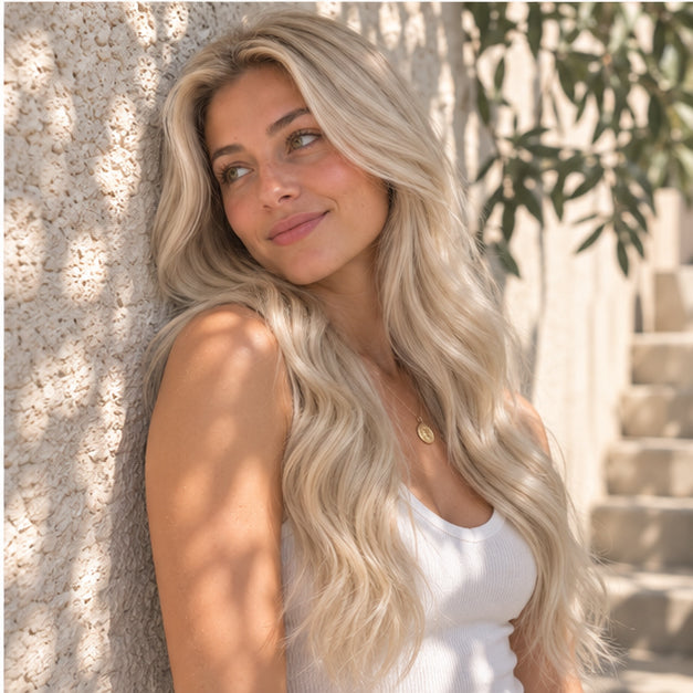 Model with Platinum Blonde #60 wavy hair beside a textured white wall in dappled sunlight.