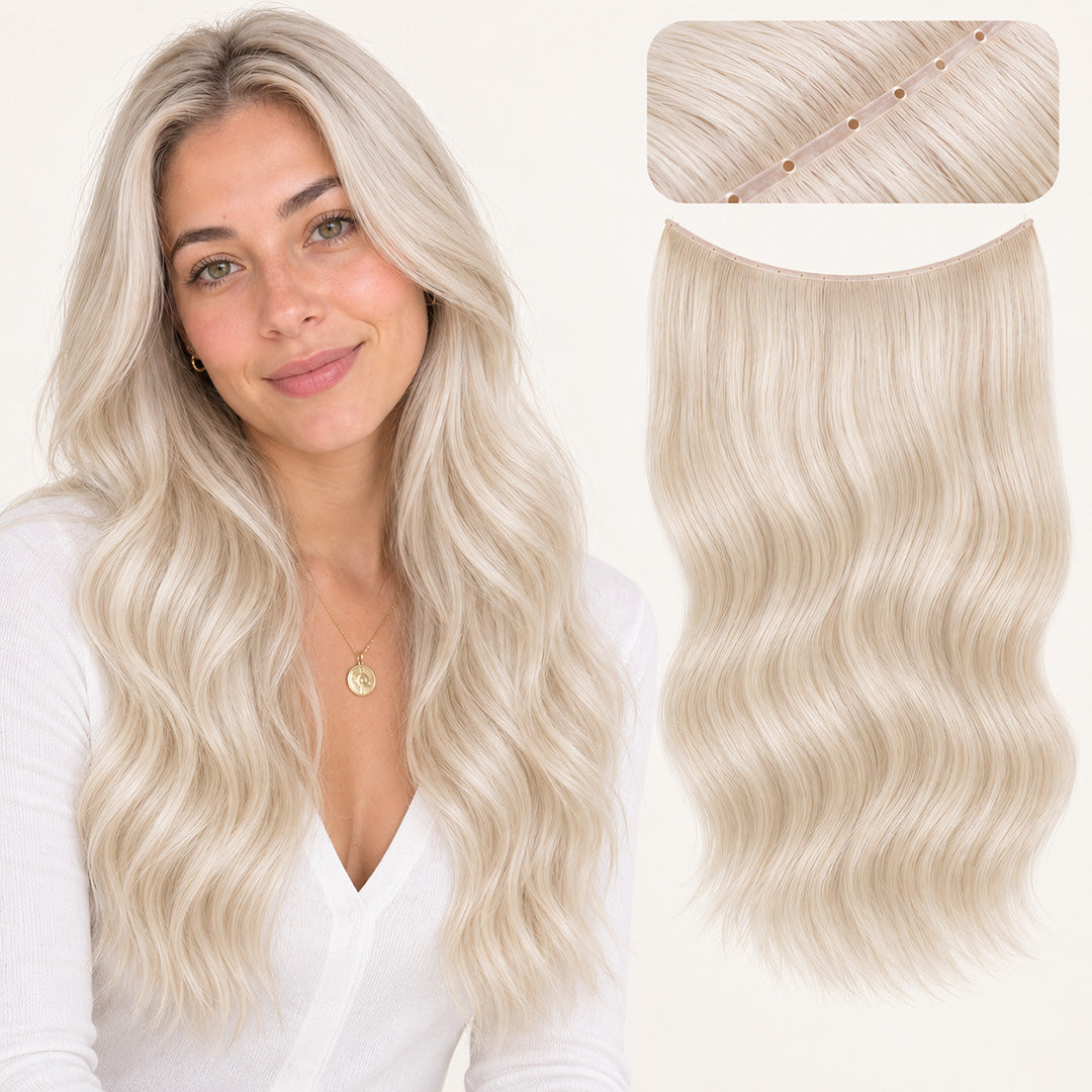 UNILOVELY Double Injection Butterfly Weft in Platinum Blonde #60, with model styling and weft construction detail.