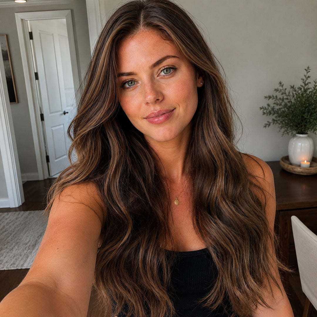 Ella 13x6 lace front wig with pre-cut lace, Highlight Brown Body Wave