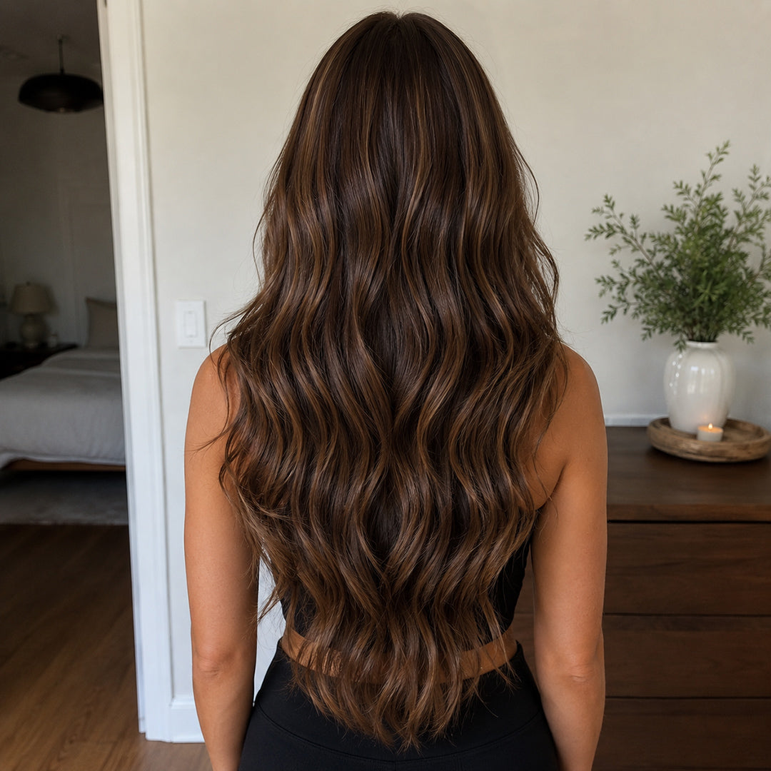 Additional view of Ella 13x6 synthetic lace front wig, Highlight Brown Body Wave