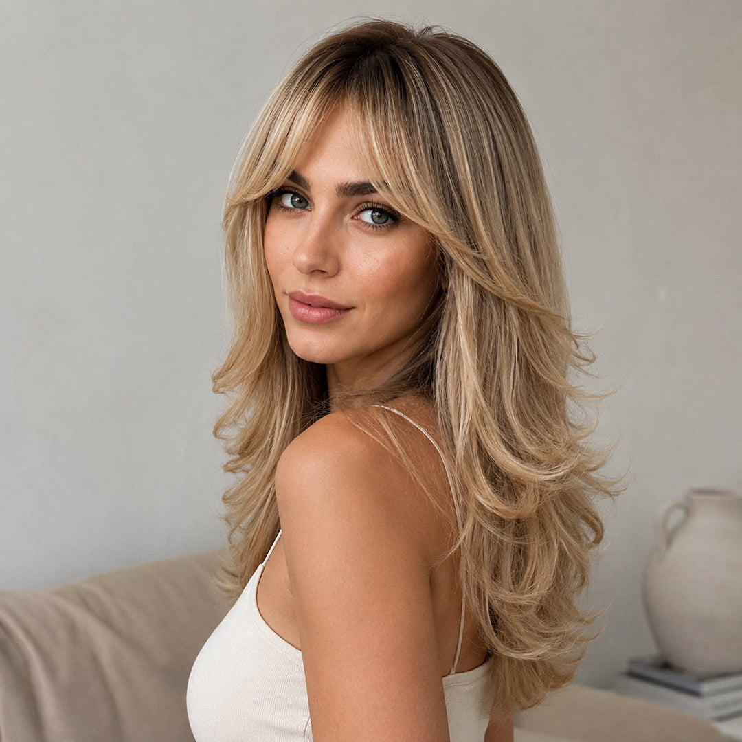 Alternate product view of Elodie synthetic wig, Rooted Beige Blonde Layers
