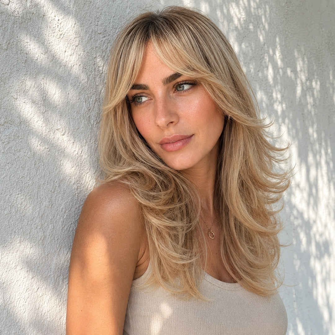 Elodie synthetic wig, Rooted Beige Blonde Layers
