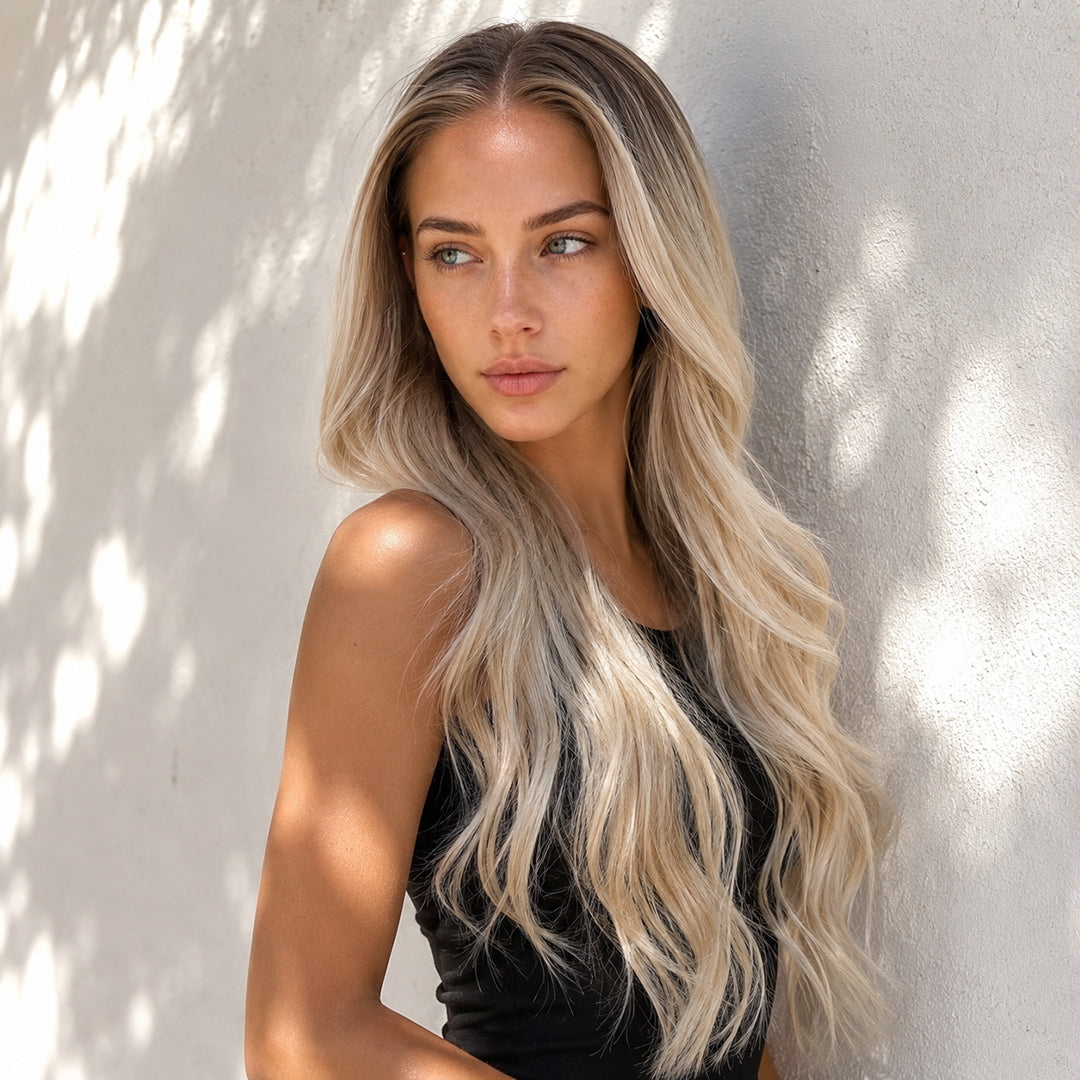 Alternate view of Elsa 13x6 synthetic lace front wig, Rooted Platinum Blonde Loose Wave