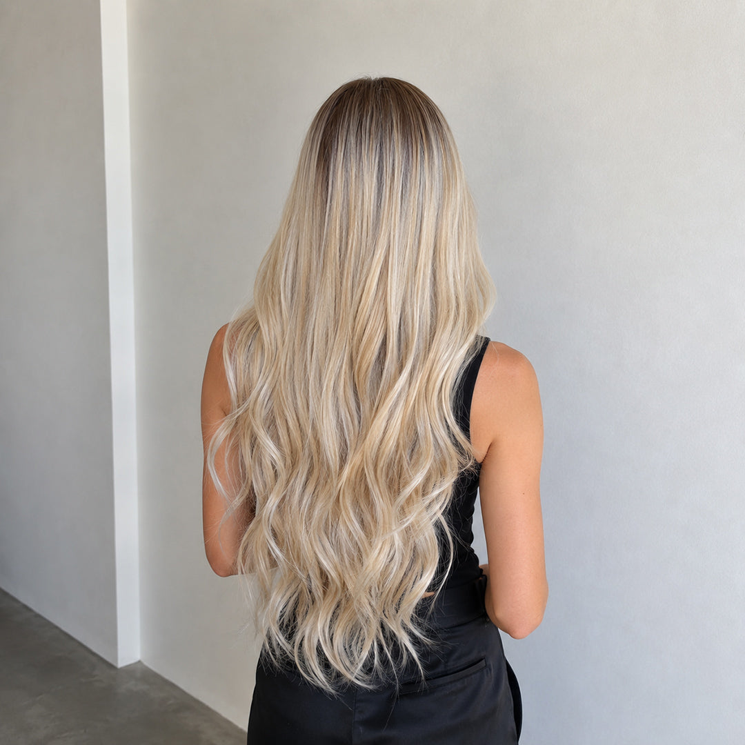 Elsa 13x6 lace front wig with pre-cut lace, Rooted Platinum Blonde Loose Wave