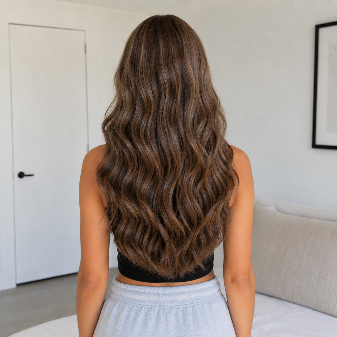 Additional view of Emma 13x6 synthetic lace front wig, Mocha Brown Loose Wave