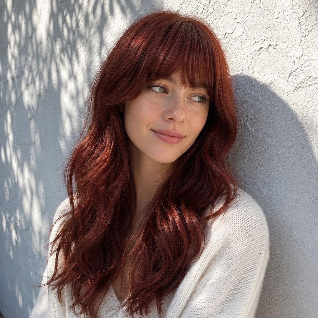 Ginger synthetic wig, Copper Red Bangs Soft Wave, UNILOVELY