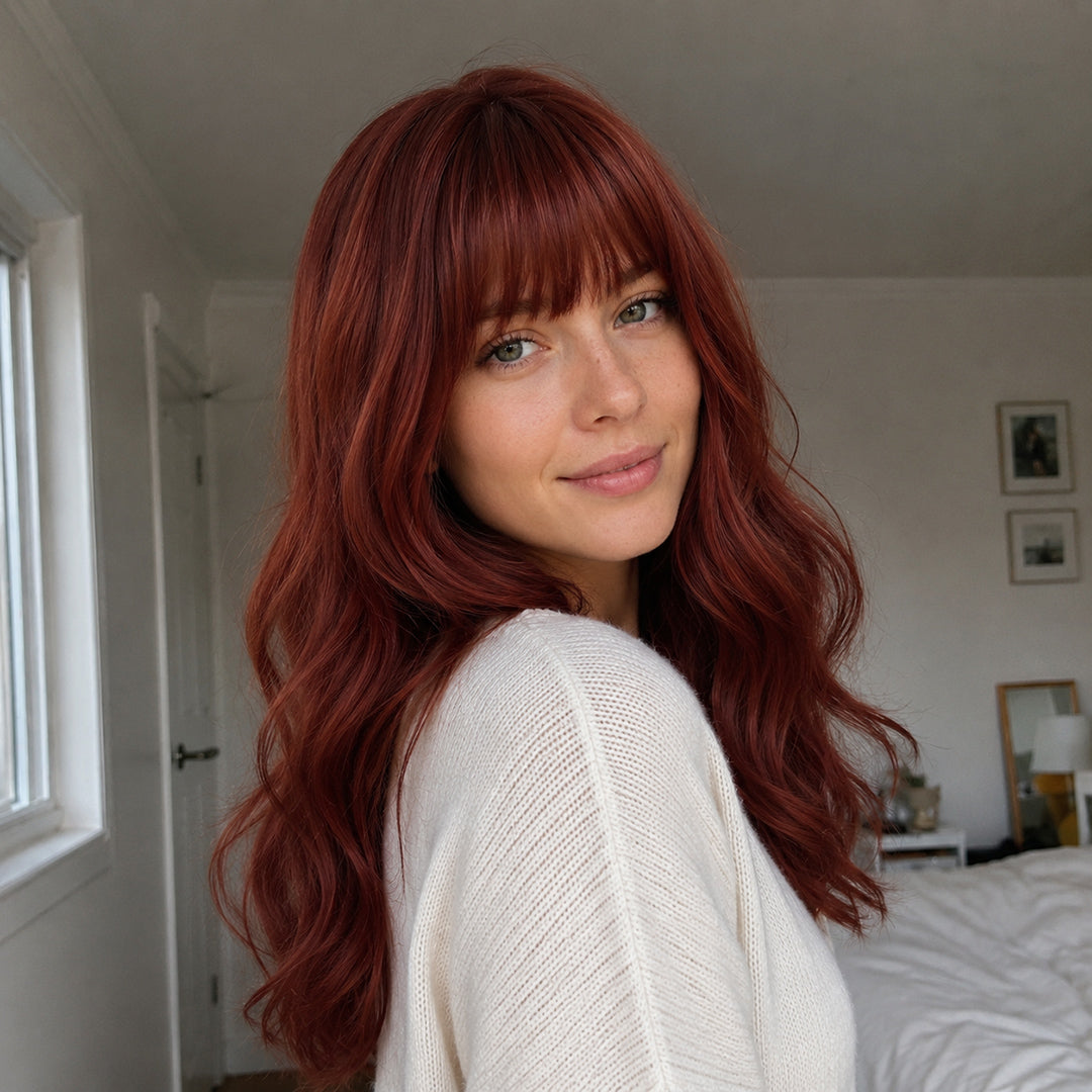 Alternate product view of Ginger synthetic wig, Copper Red Bangs Soft Wave