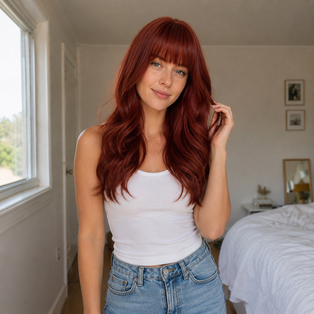 UNILOVELY Ginger ready-to-wear synthetic wig, Copper Red Bangs Soft Wave
