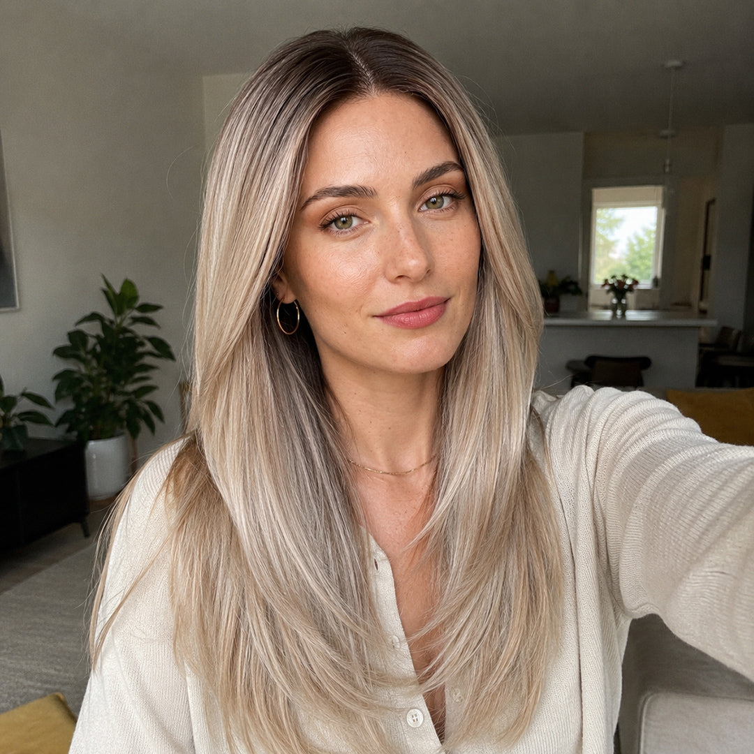 Grace pre-cut 13x6 synthetic lace front wig, Rooted Beige Blonde Straight, UNILOVELY