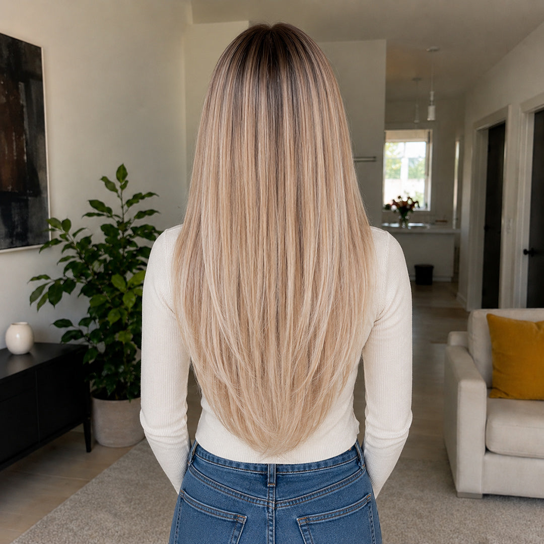 Additional view of Grace 13x6 synthetic lace front wig, Rooted Beige Blonde Straight