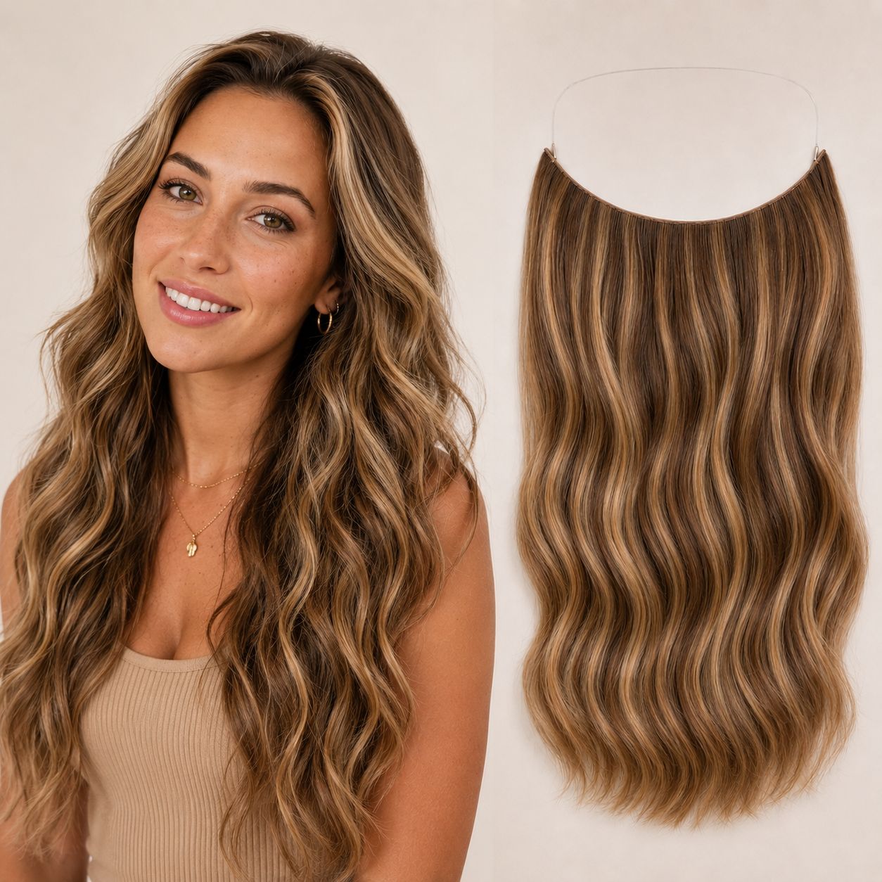 Chestnut Brown Honey Highlights #6/27 Invisible Halo Extensions made with 100% Remy human hair