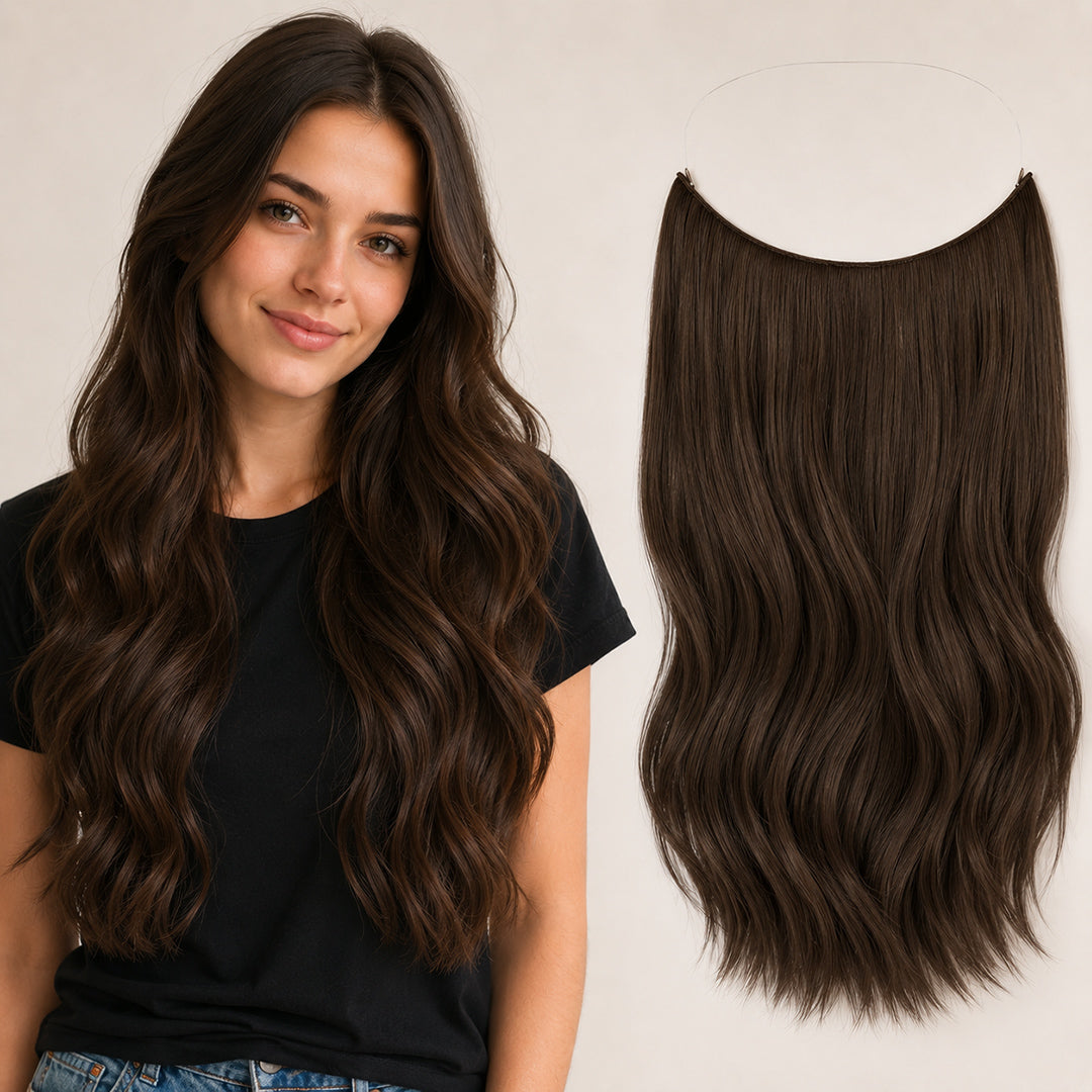 Chocolate Brown #4 Invisible Halo Extensions made with 100% Remy human hair