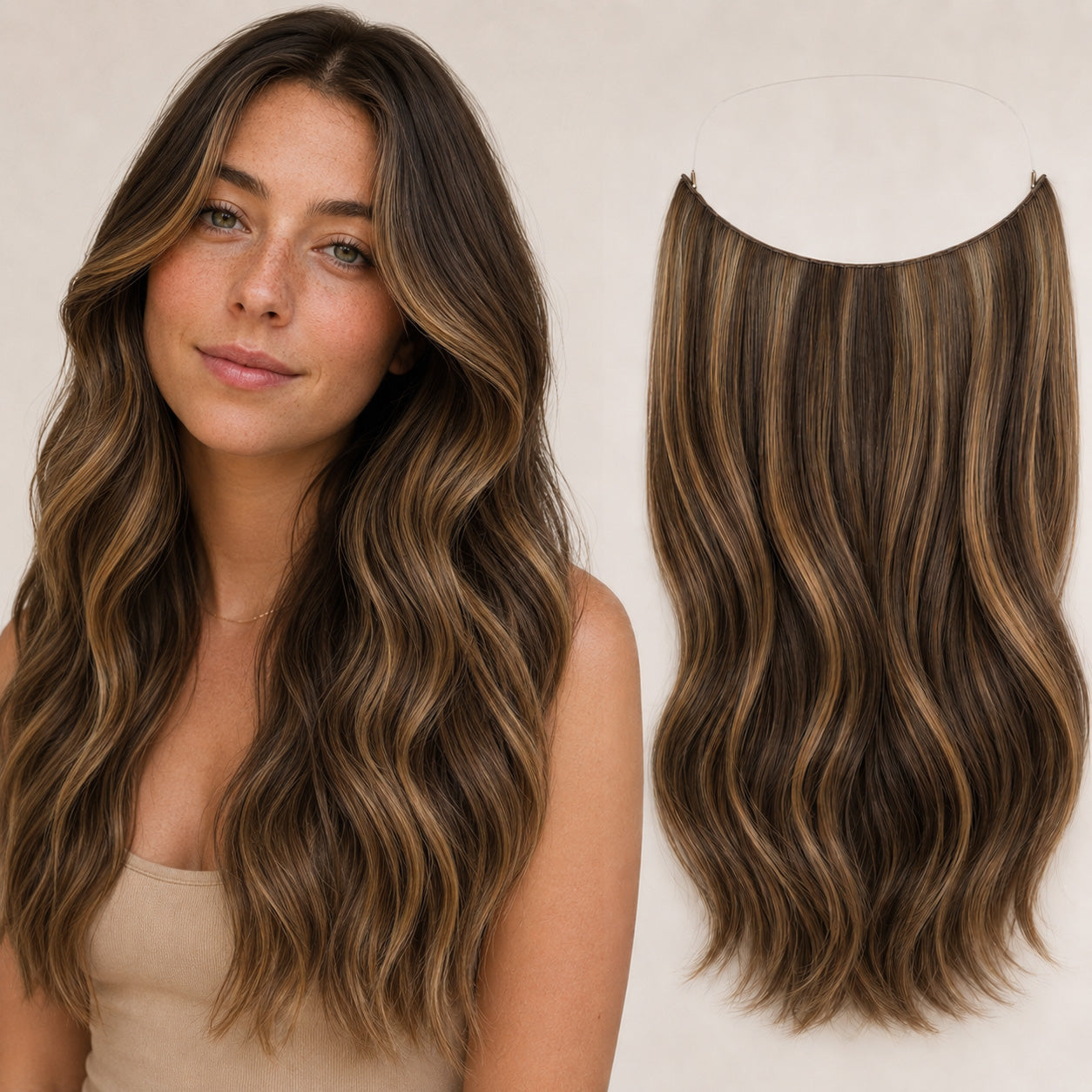 Chocolate Brown Caramel Highlights #4/27 Invisible Halo Extensions made with 100% Remy human hair