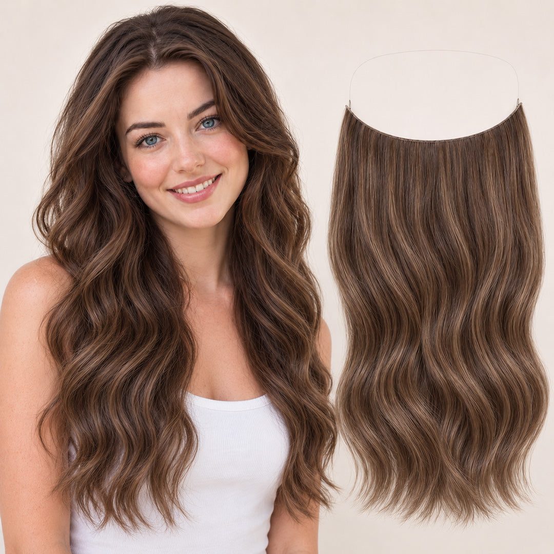 Chocolate Chestnut Brown Blend Invisible Halo Extensions featuring dimensional brunette tones