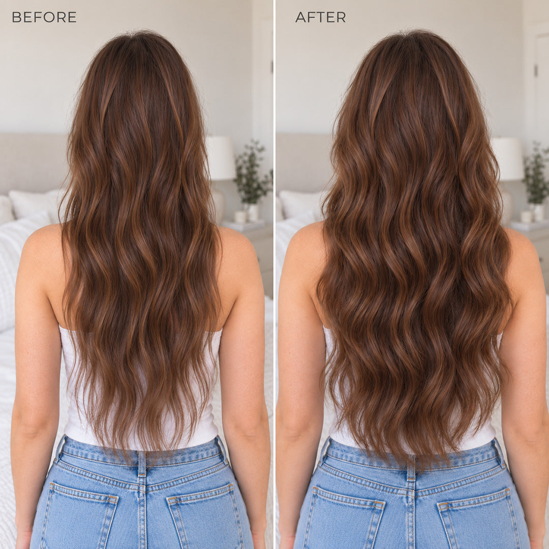 Before and after comparison of Chocolate Chestnut Brown Blend Halo hair extensions