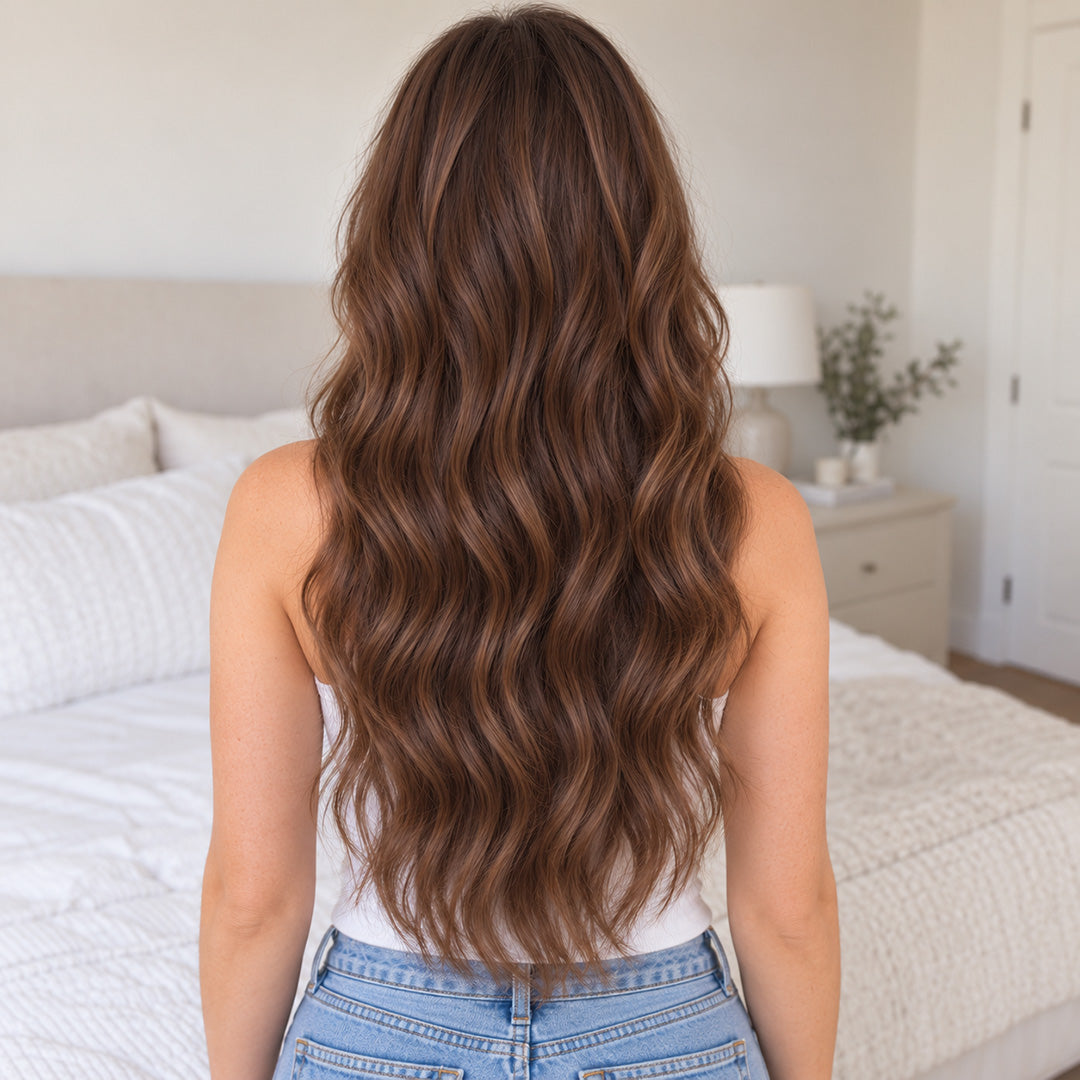 Back view of Chocolate Chestnut Brown Blend long brunette waves and fullness