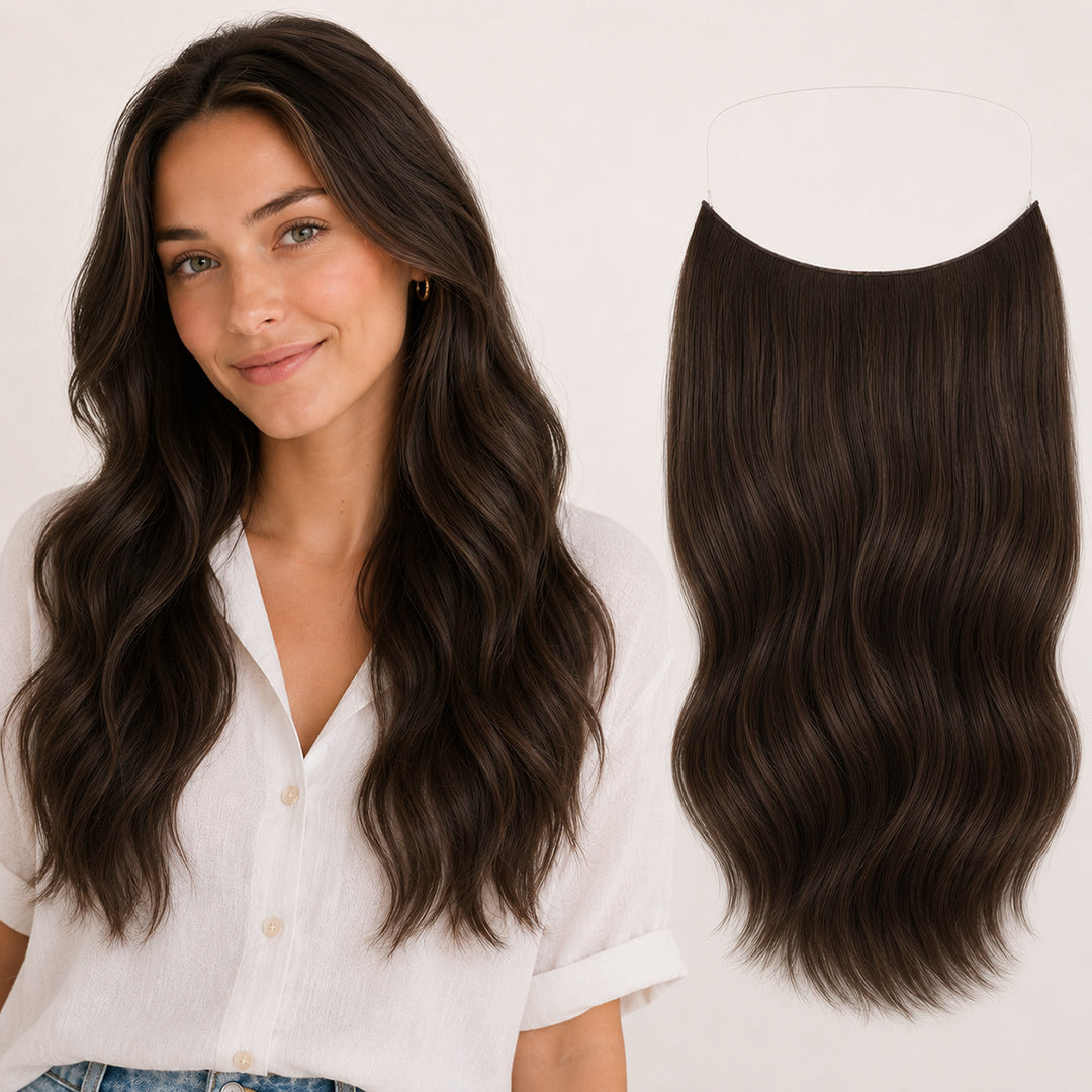 Dark Brown #2 Invisible Halo Extensions made with 100% Remy human hair