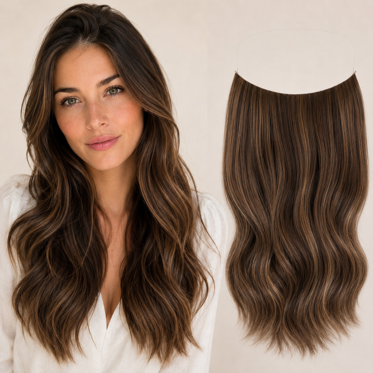 Dark Brown with Caramel Highlights #2/6/27 Invisible Halo Extensions made with 100% Remy human hair