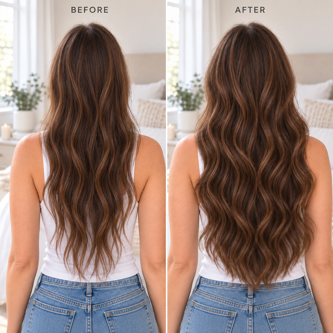 Before and after comparison showing fuller-looking Dimensional Mocha Brown Blend hair