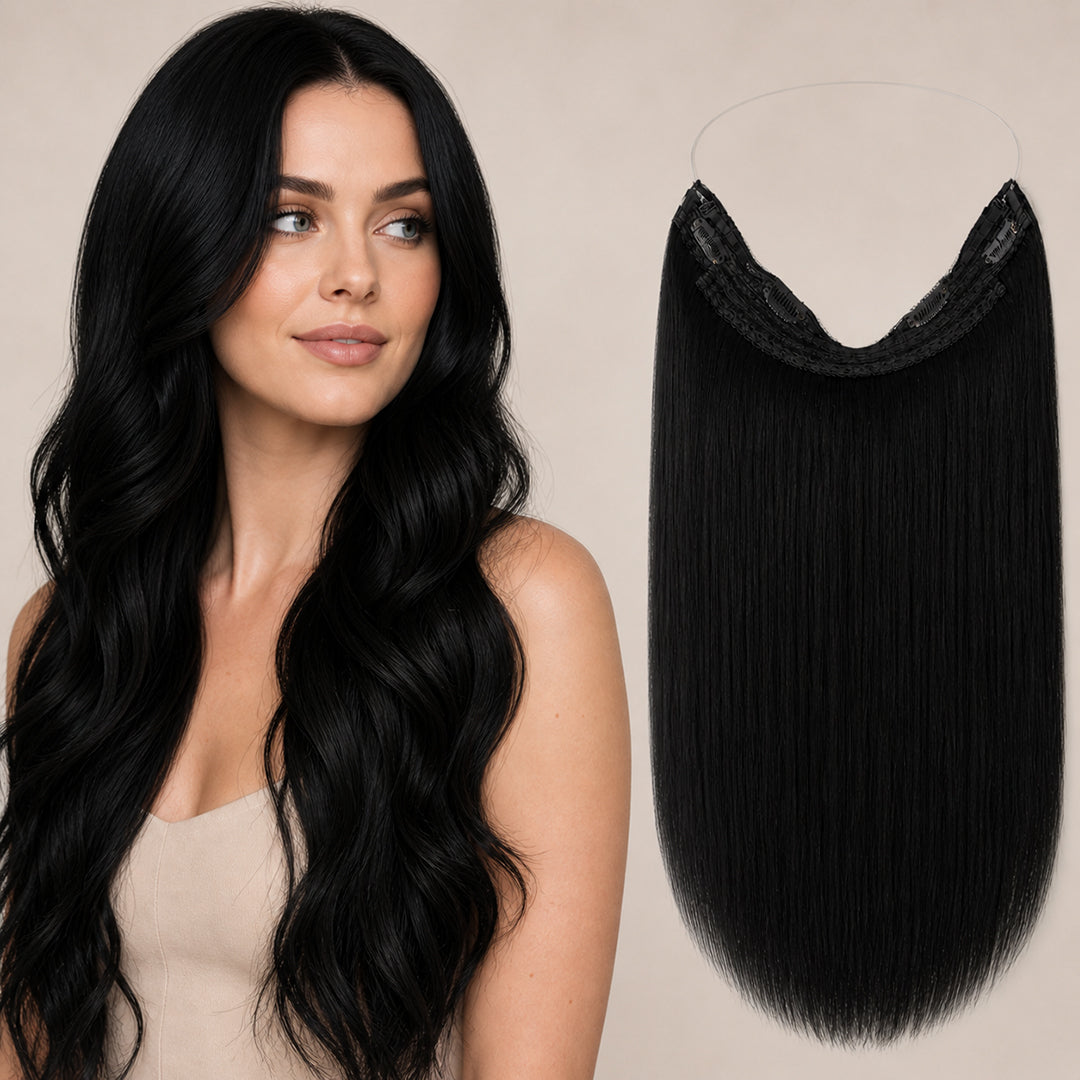 Jet Black #1 Invisible Halo Extensions made with 100% Remy human hair