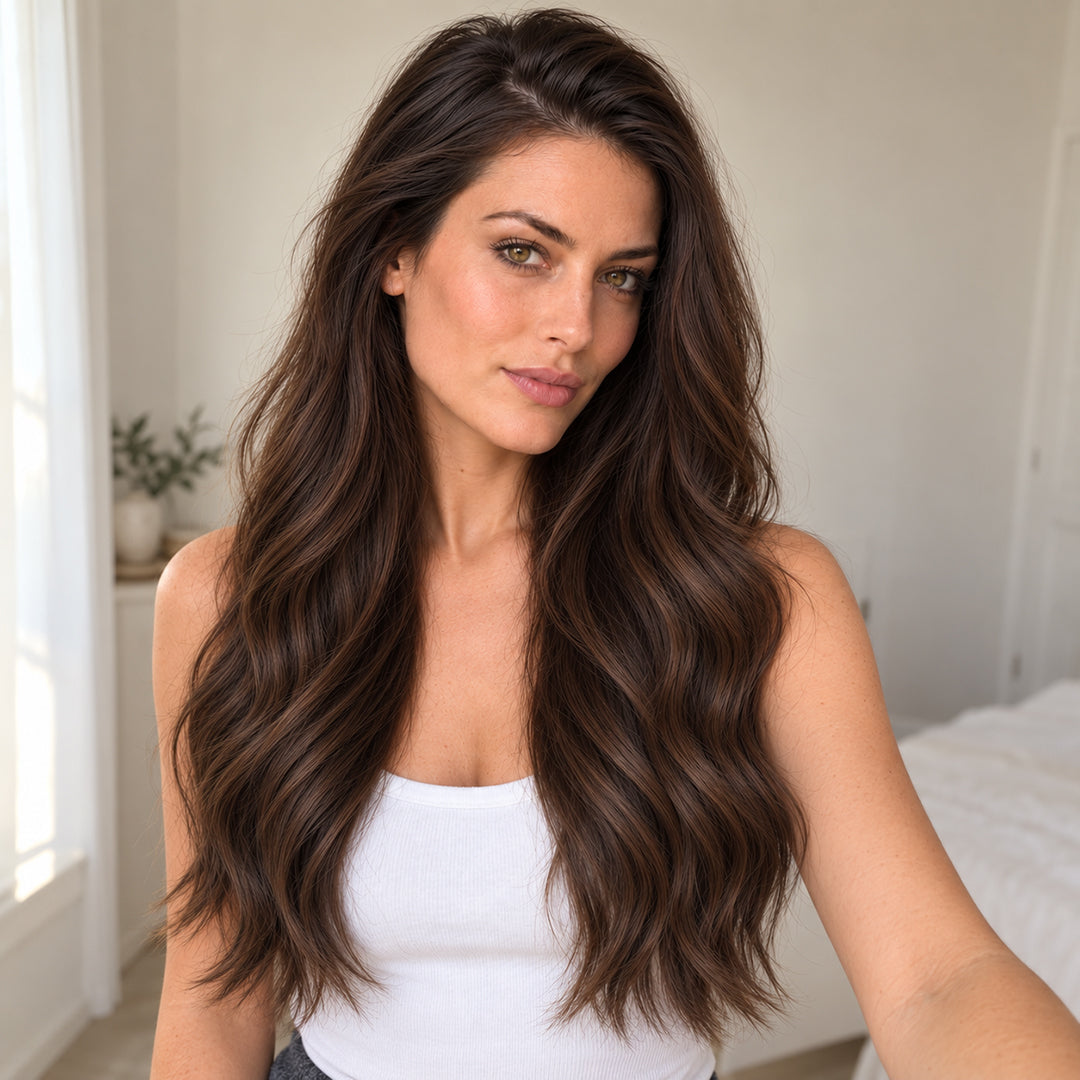 Indoor selfie featuring natural-looking Mocha Brown Blend long waves