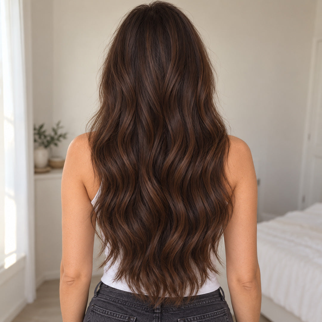 Rear view of long Mocha Brown Blend waves showing length and volume