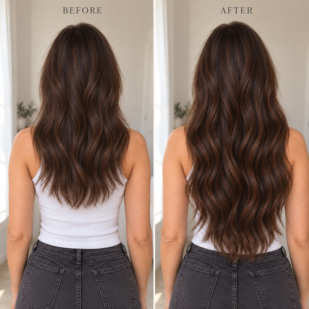 Before and after comparison showing added fullness with Mocha Brown Blend Halo hair extensions