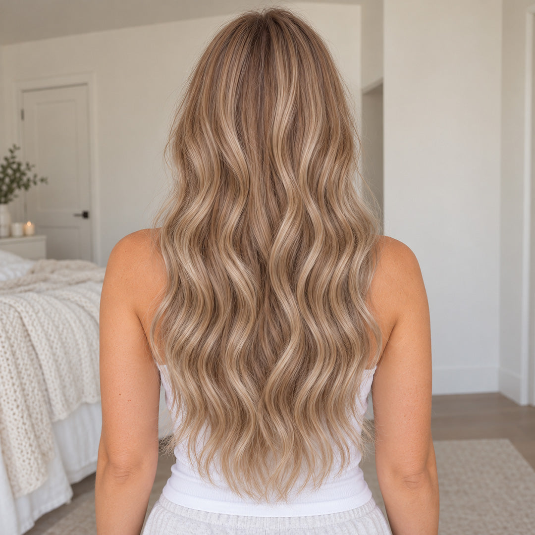 Rear view of Mushroom Brown Blend long waves showing length and color