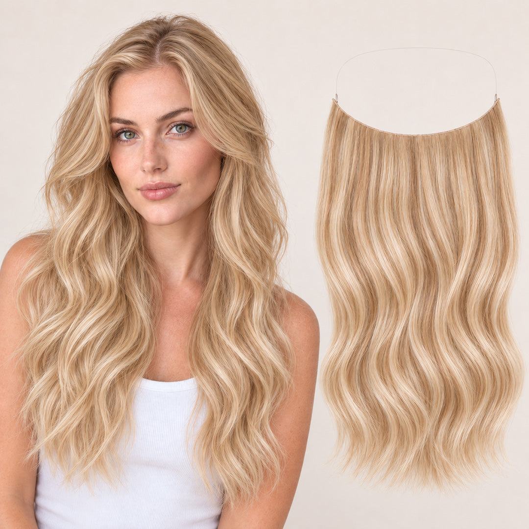 Natural Sandy Blonde Blend Invisible Halo Extensions in 100% Remy human hair
