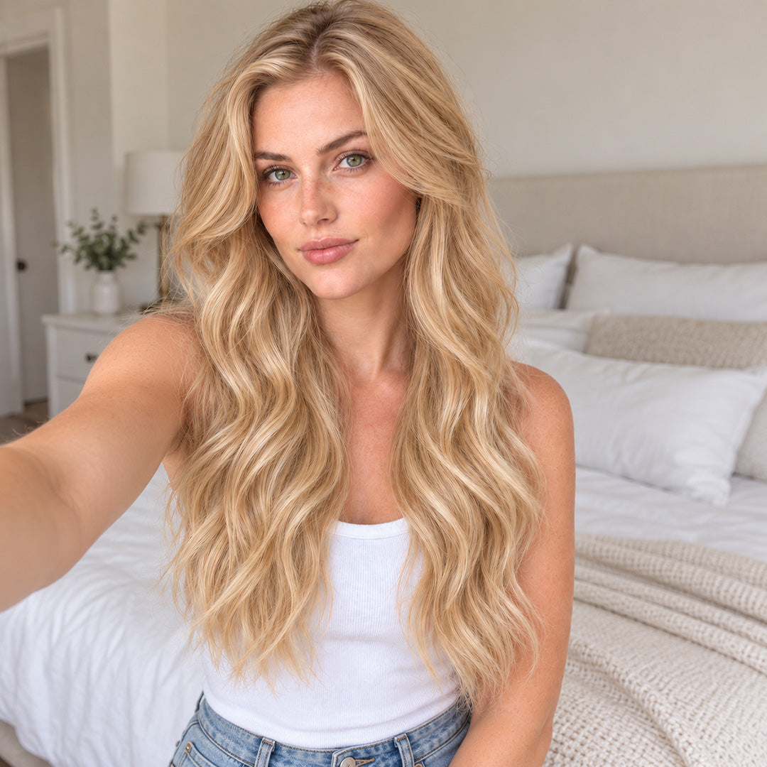 Indoor selfie showing Natural Sandy Blonde Blend long blonde waves