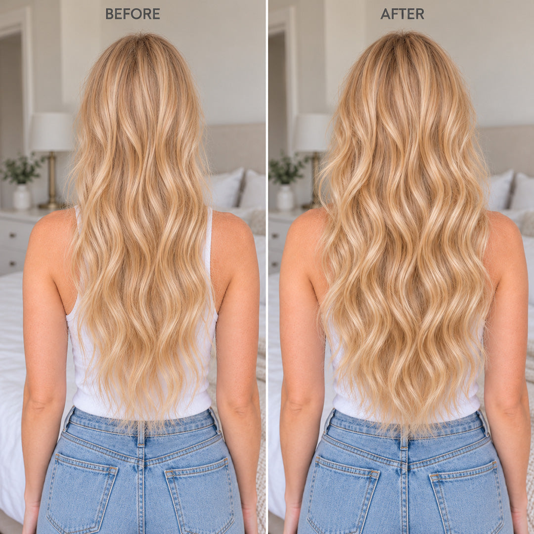 Before and after comparison of Natural Sandy Blonde Blend Halo hair extensions