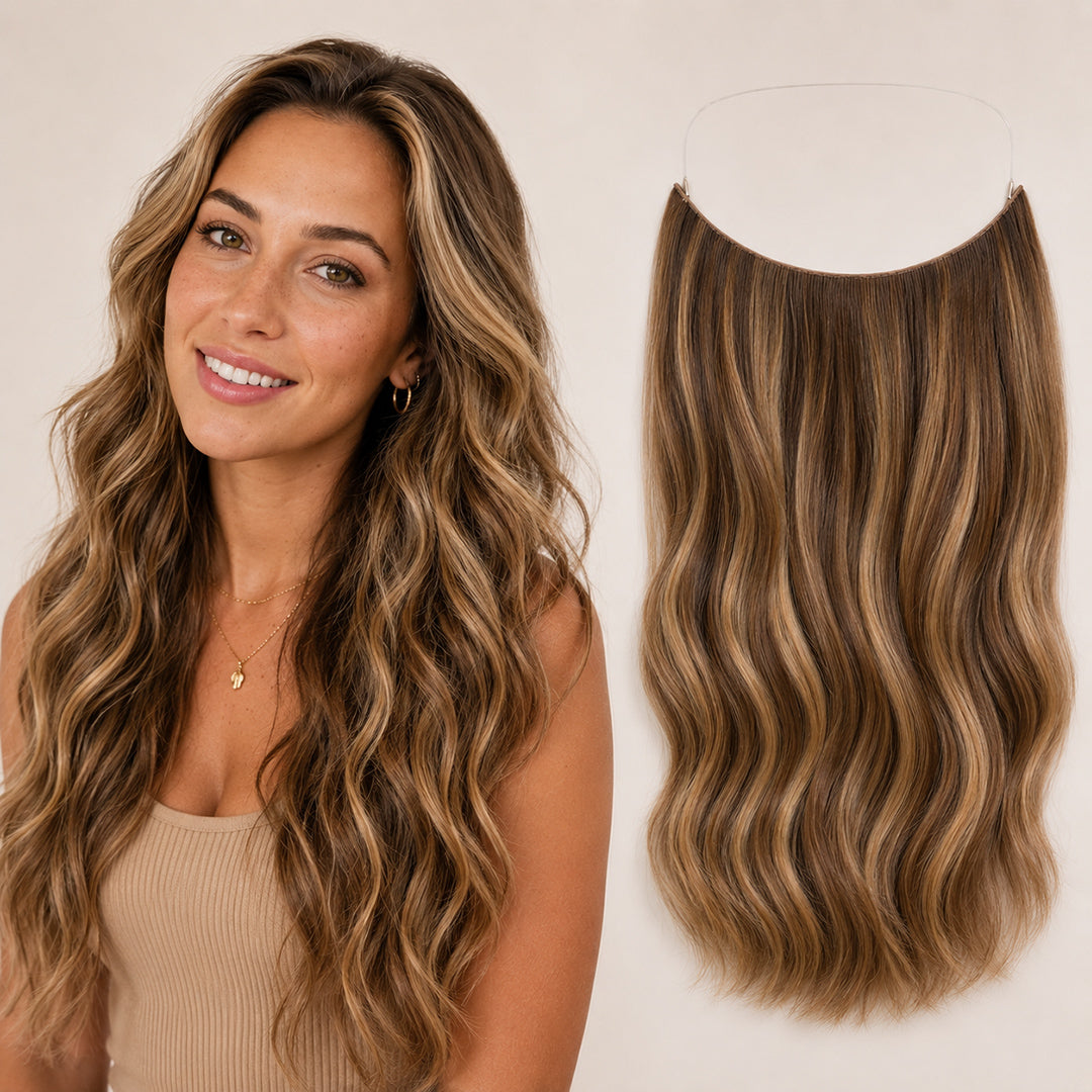 Chestnut Brown Honey Highlights #6/27 Invisible Halo Extensions made with 100% Remy human hair