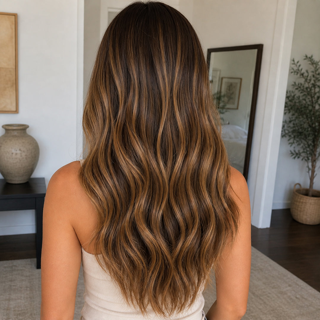 UNILOVELY Invisible Halo Extensions in Chocolate Brown Caramel Highlights #4/27, 100% Remy human hair