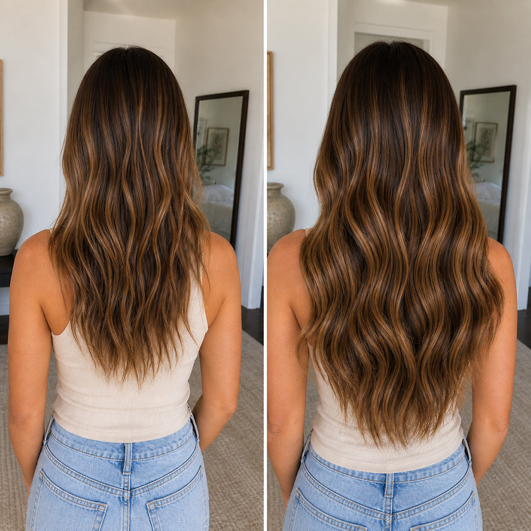 Chocolate Brown Caramel Highlights #4/27 Halo hair extensions with a natural-looking highlight blend