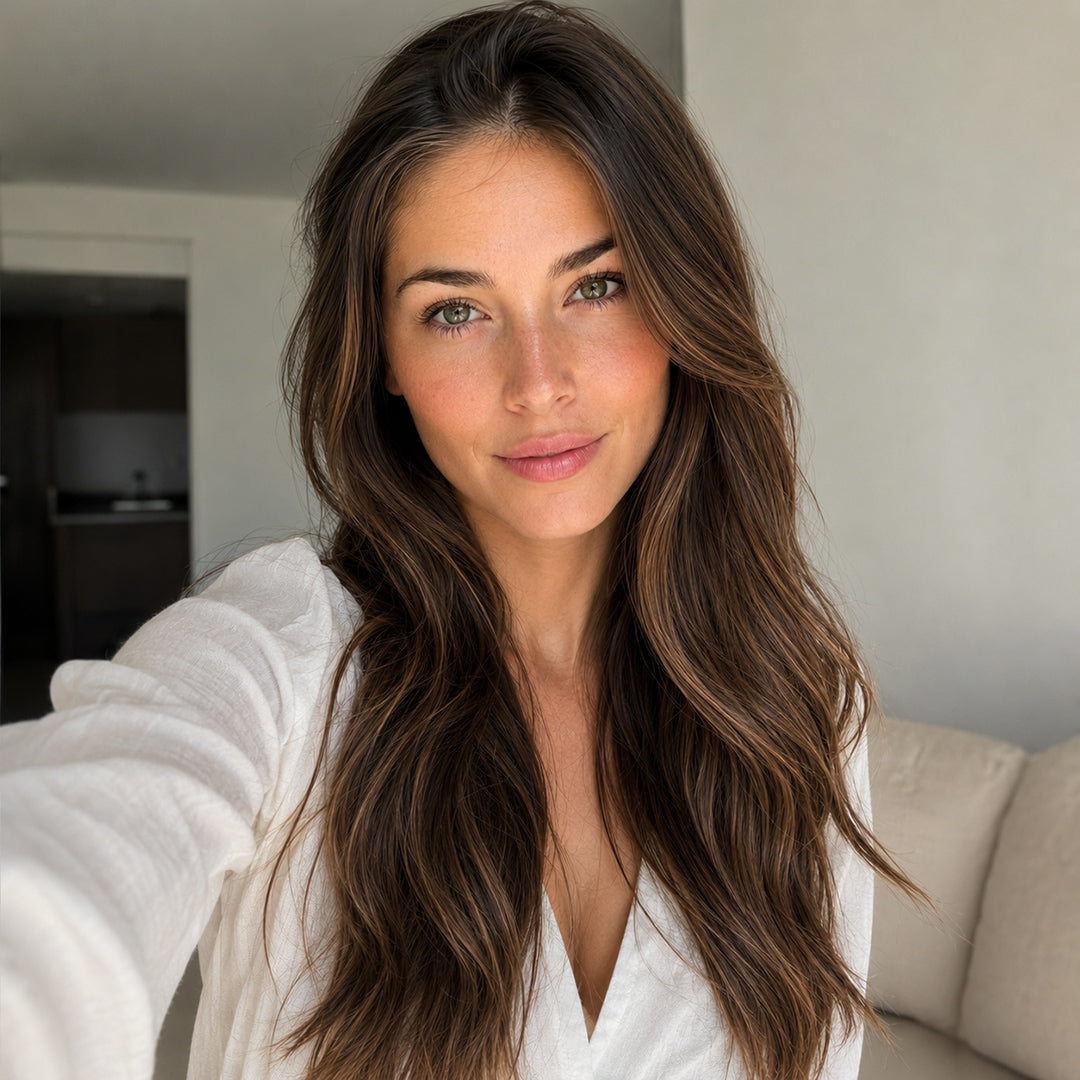 Dark Brown with Caramel Highlights #2/6/27 Remy human hair Halo Extensions for natural-looking volume and length