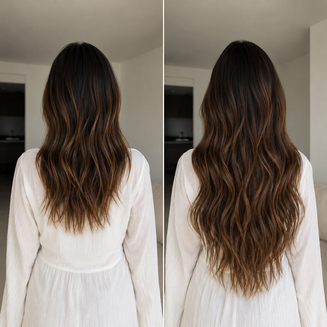 UNILOVELY Invisible Halo Extensions in Dark Brown with Caramel Highlights #2/6/27, 100% Remy human hair