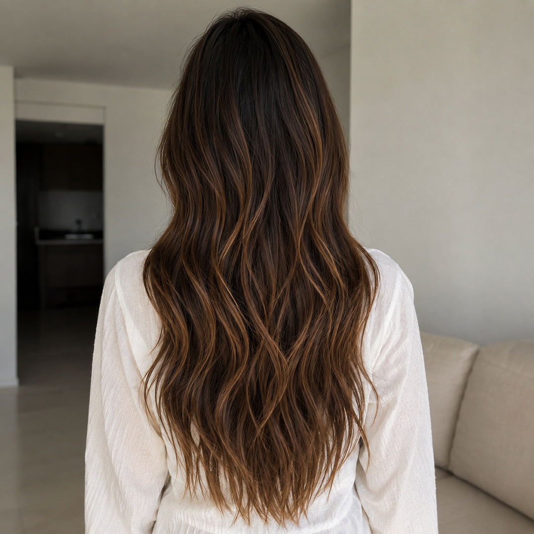 Dark Brown with Caramel Highlights #2/6/27 Halo hair extensions with a natural-looking highlight blend