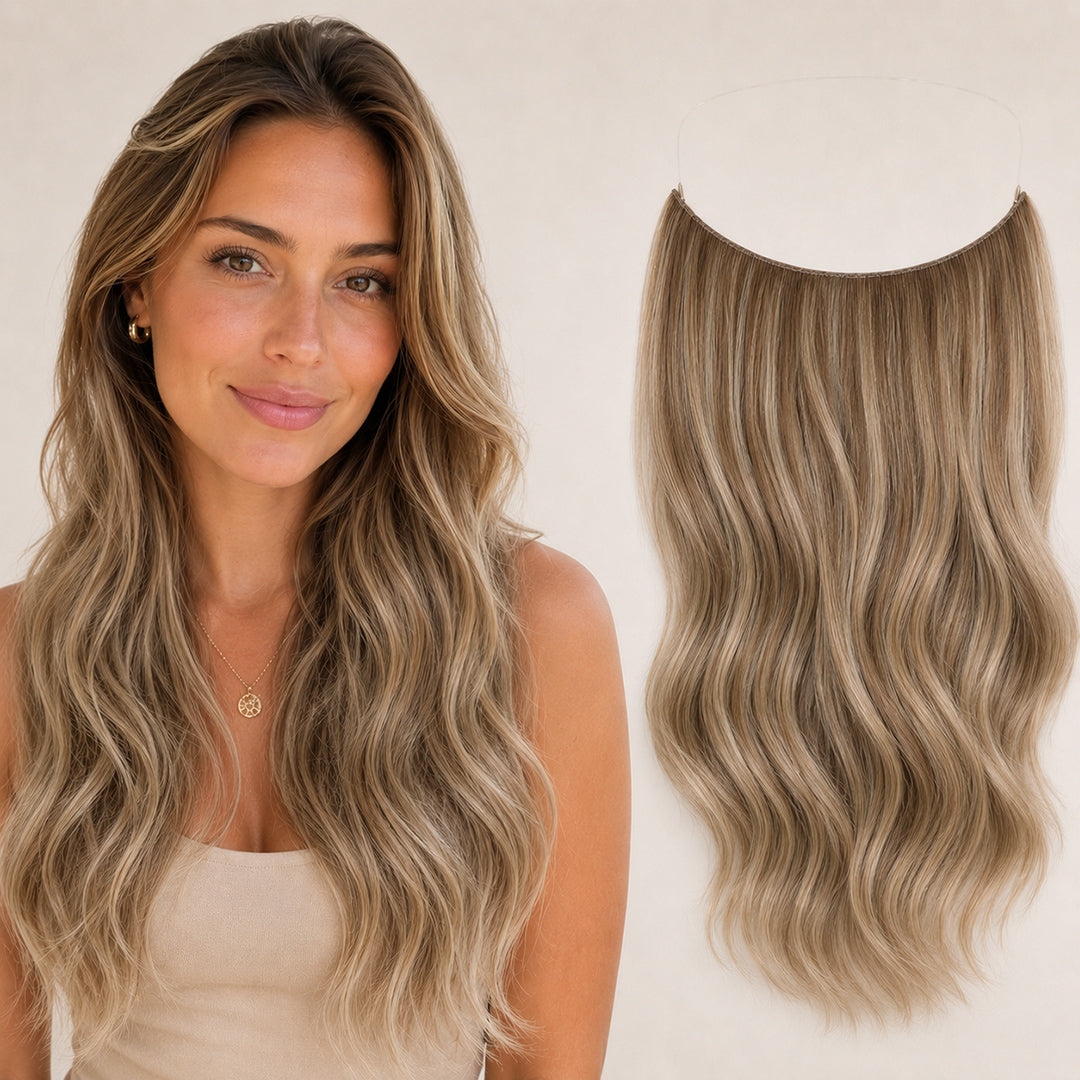 Rooted Dirty Blonde Highlights #18/60 Invisible Halo Extensions made with 100% Remy human hair