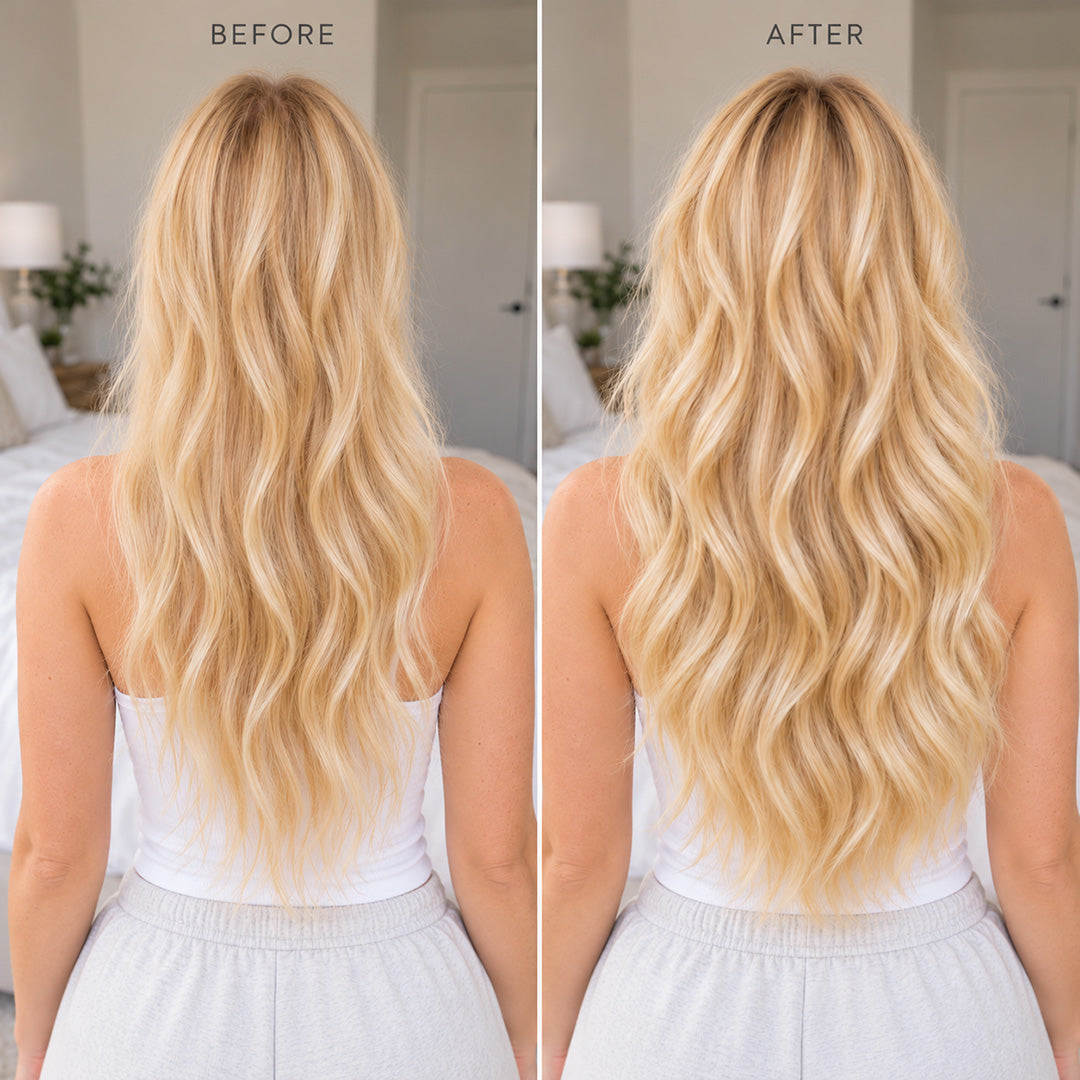 Before and after comparison showing added volume with Sandy Blonde Blend Halo extensions