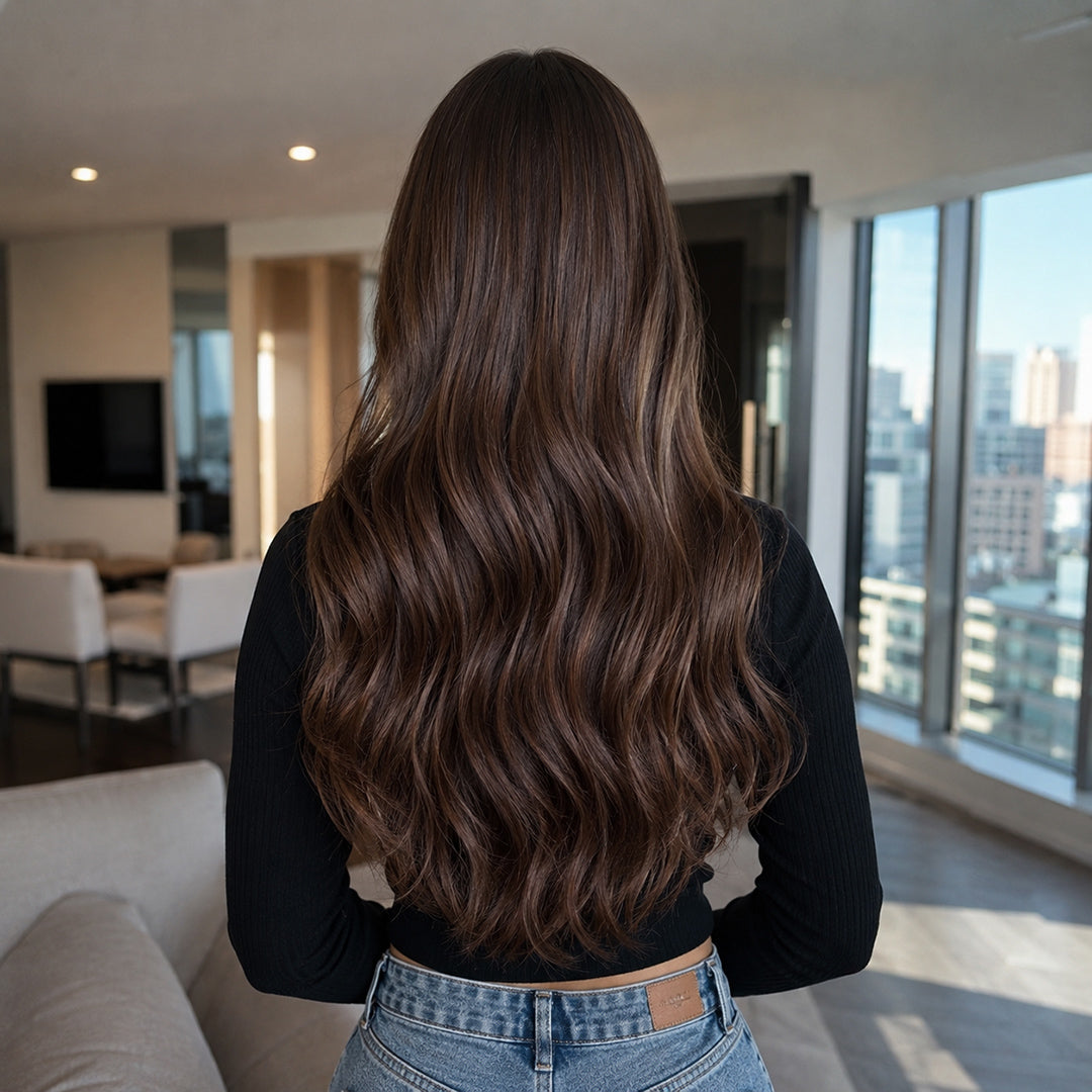 UNILOVELY Harper pre-cut synthetic lace front wig, Dark Chocolate Brown Body Wave