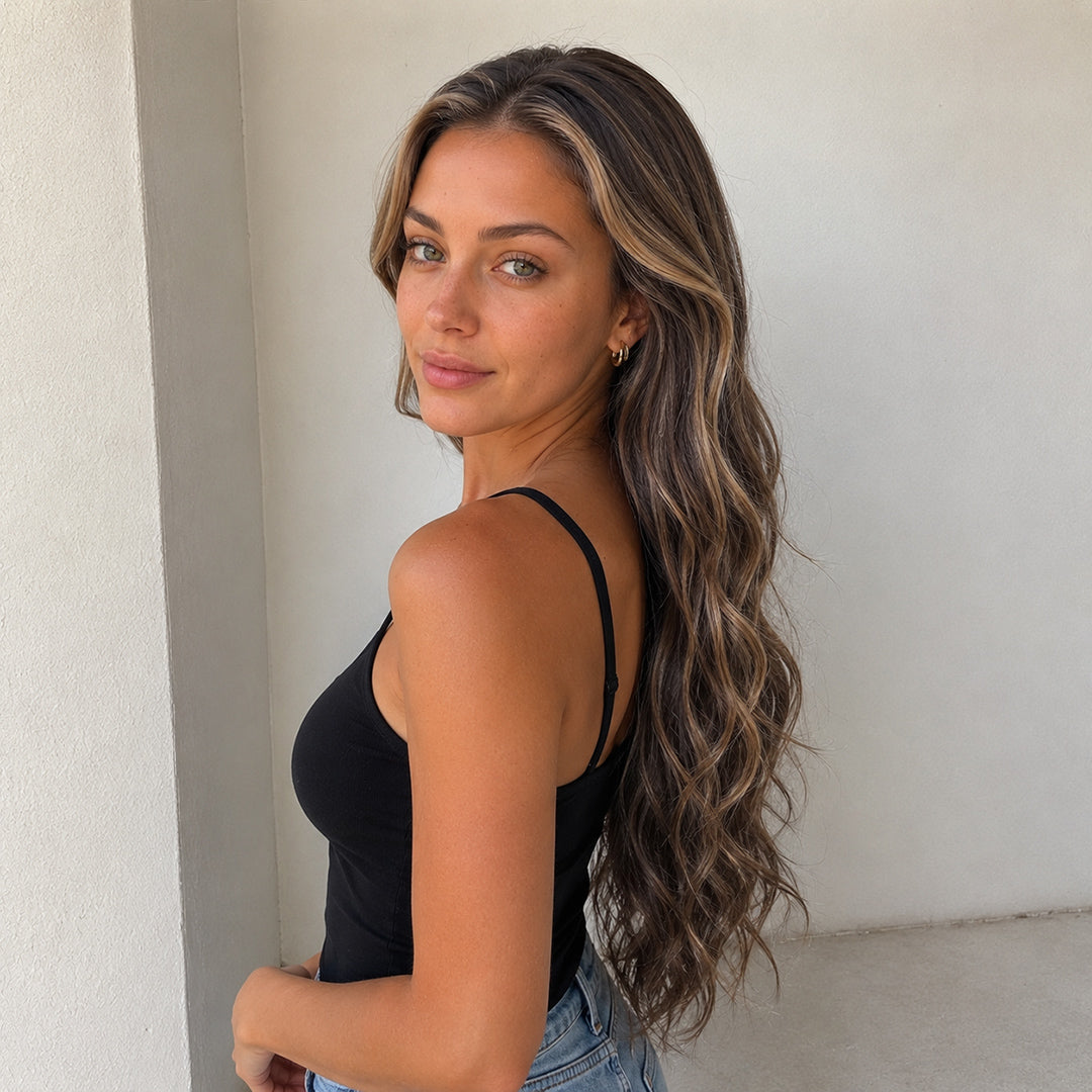 Hazel pre-cut 13x6 synthetic lace front wig, Brunette Balayage Body Wave, UNILOVELY