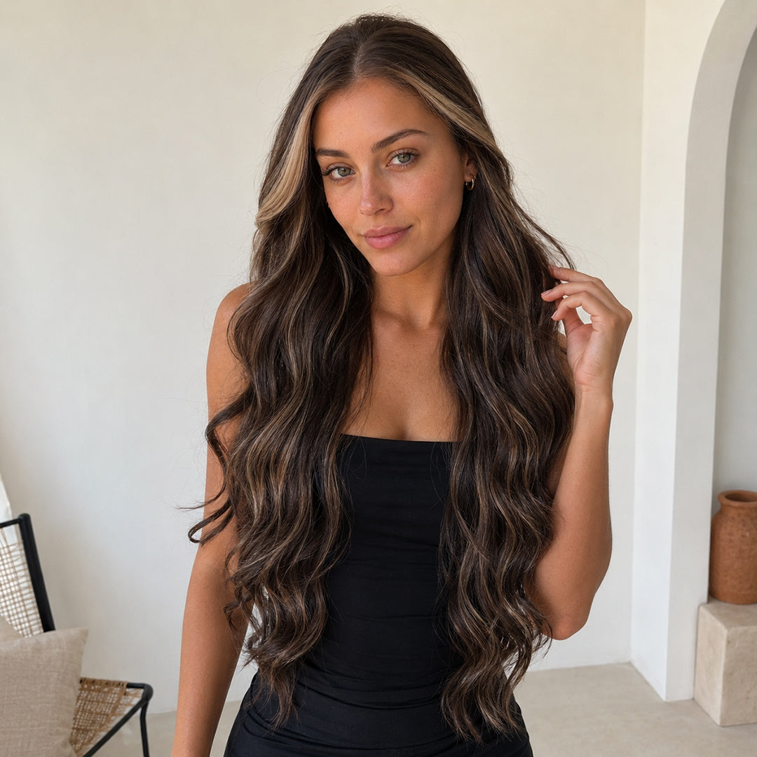 Alternate view of Hazel 13x6 synthetic lace front wig, Brunette Balayage Body Wave