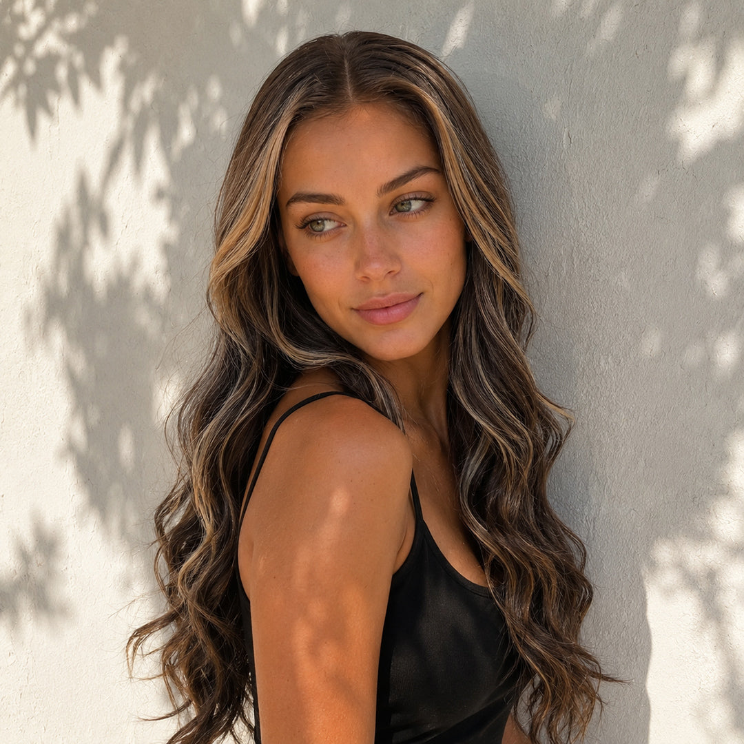 Hazel 13x6 lace front wig with pre-cut lace, Brunette Balayage Body Wave