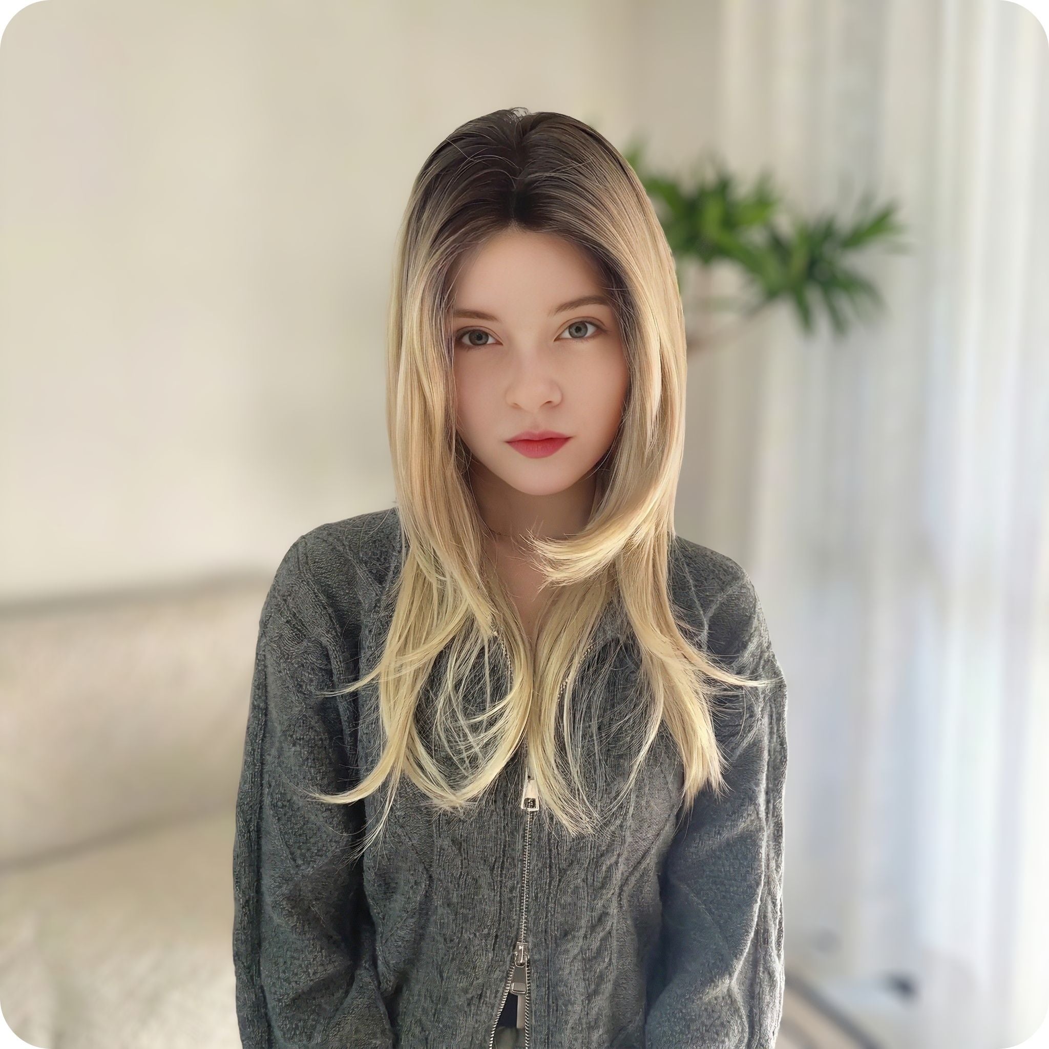 “Mono top wig with real-scalp parting in ash blonde, soft breathable fibers"