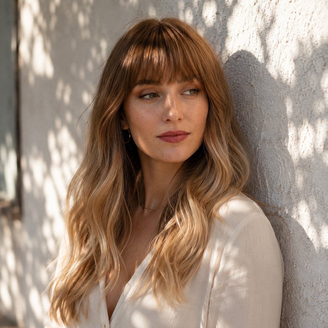 Honey synthetic wig, Caramel Blonde Bangs Long Wave, UNILOVELY