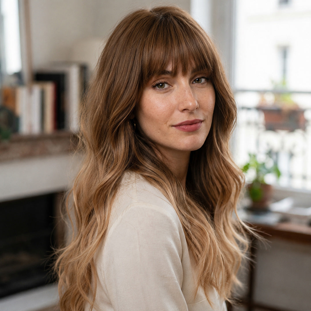 Alternate product view of Honey synthetic wig, Caramel Blonde Bangs Long Wave