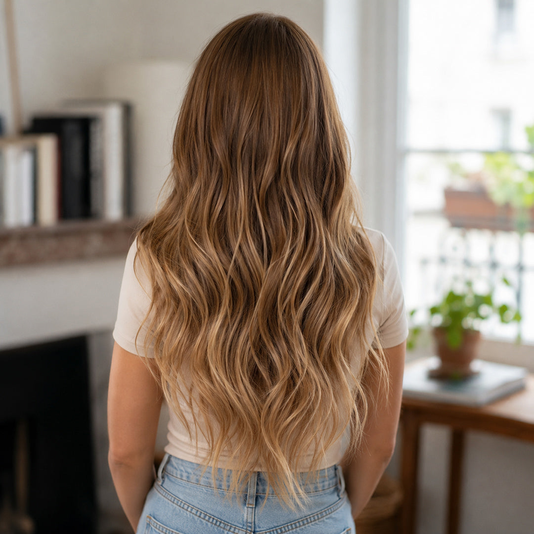 Honey synthetic wig, Caramel Blonde Bangs Long Wave